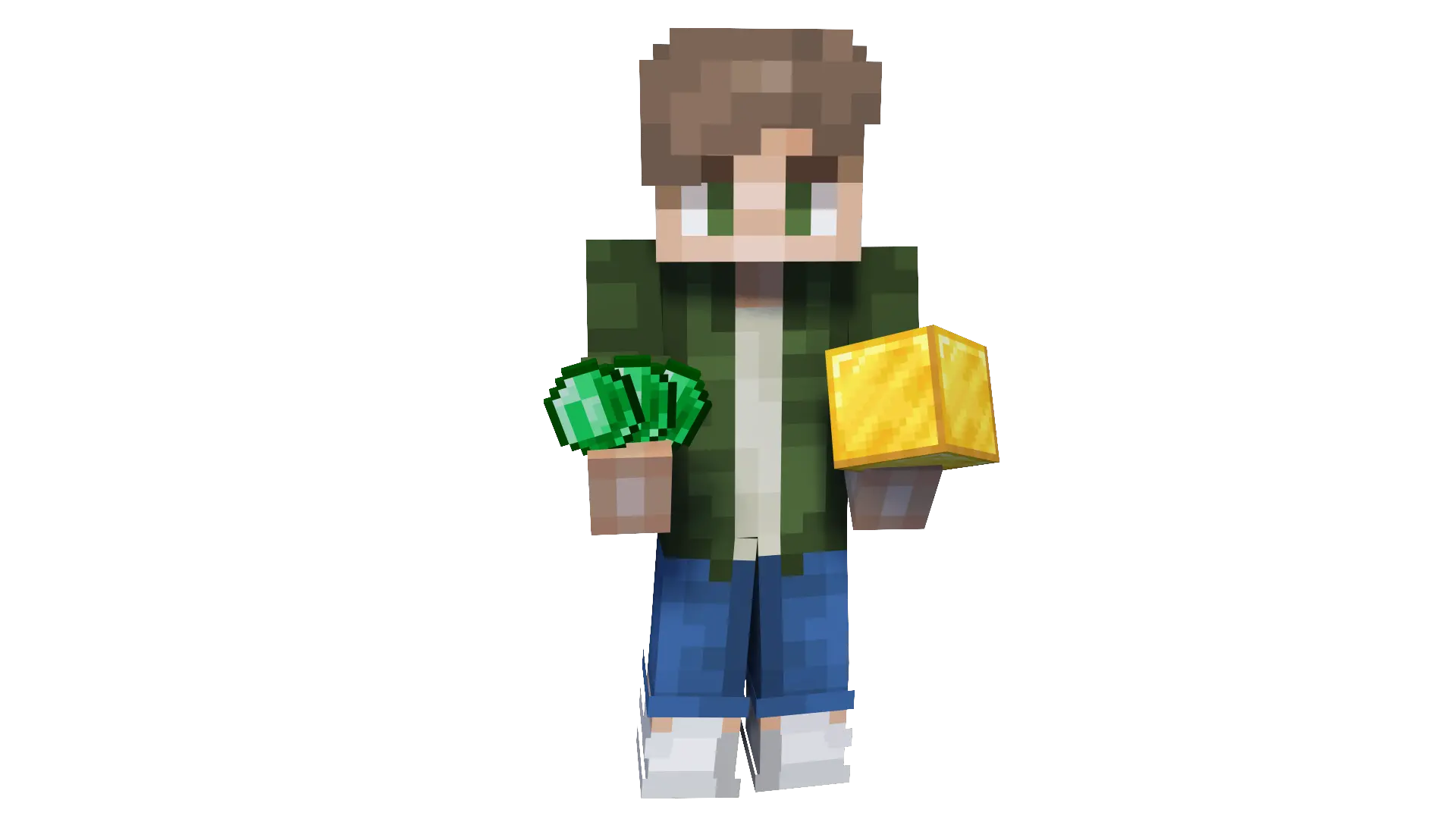 Člověk drží v rukou zlato a emeraldy